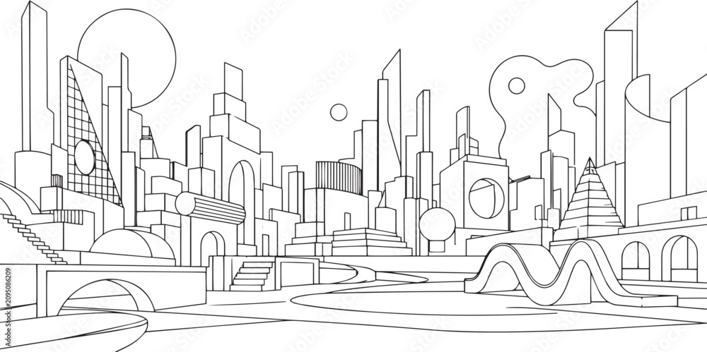 Obraz premium City landscape. Line urban backdrop, different buildings on street, doodle street draw, outline cityscape hand sketch, flat houses. Hand drawn vector illustration