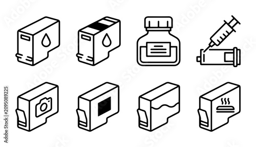 Photos Printer ink cartridge icon set, ink bottle and syringe outline, solid and color
