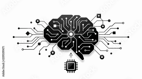 AI brain circuit with connected lines and a chip