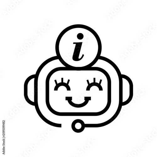 Smiling robot face with info sign.