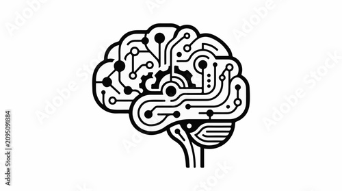 Abstract brain graphic with circuit board and gear elements