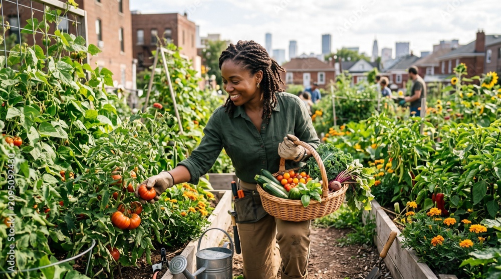 Fototapeta premium Woman happily harvesting fresh organic vegetables from a community garden in an urban setting