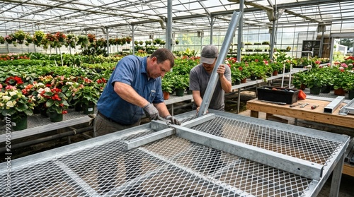 Medium shot of corrosionresistant wire greenhouse benches being assembled highlighting durability and rustproof metal surface details in a controlled greenhouse environment.