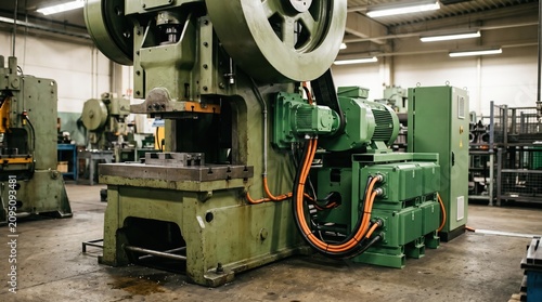 Medium shot of a press line outfitted with a regenerative braking system highlighting energy efficiency improvements in heavy industrial machinery operation.