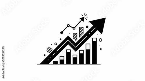 Stylized upward arrow chart with rising bars and connected dots