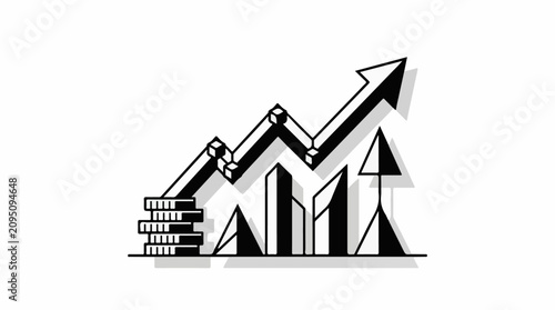 Upward trending line graph with stacked coins and arrow