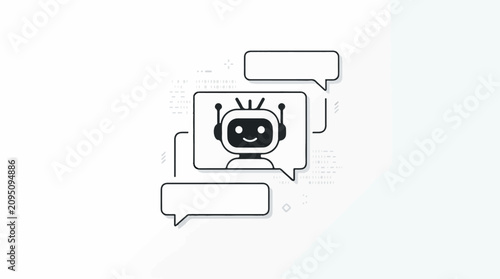 Friendly robot head within a speech bubble interacting with empty speech bubbles