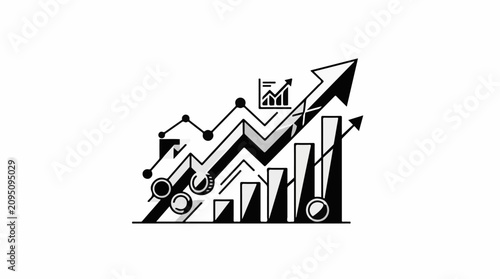 Stylized bar and line graph with upward trend arrows and coins
