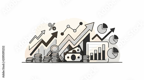 Financial growth depicted with rising arrows charts money and coins
