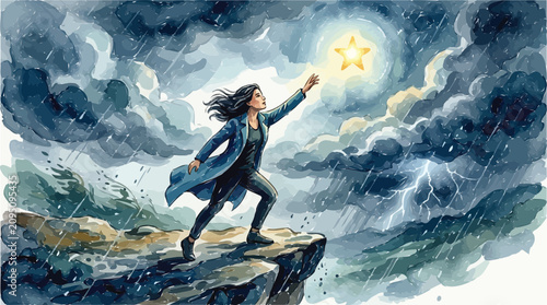 Watercolor illustration of woman reaching for star on cliff, hopeful person catching light in storm, inspirational concept of ambition and success