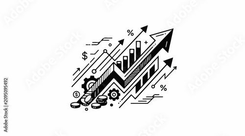 Stylized financial graph with ascending arrows bars gears and coins