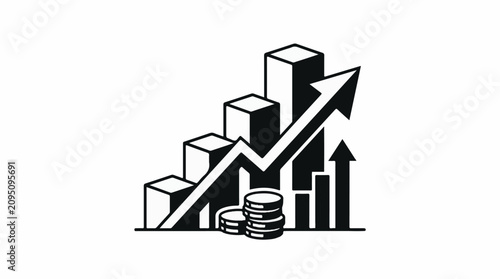 Bar chart with upward trending arrow and coins symbolizing growth