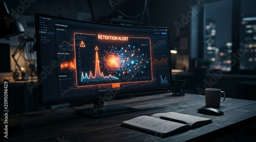 Computer screen displays retention alert with data graphs and network visualization