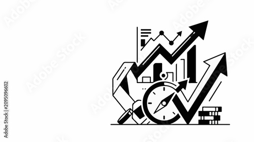 Black and white illustration of financial growth compass and magnifying glass