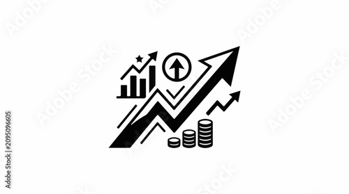 Black graphic of upward trending charts arrows and coins on white background