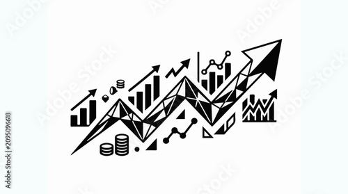 Stylized abstract depicting upward financial growth with charts arrows and coins