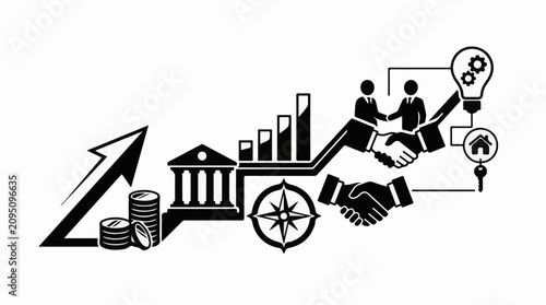 Business growth symbols bank coins chart handshakes idea house key