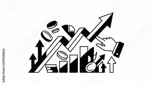 Financial growth illustrated with arrows coins charts and a hand