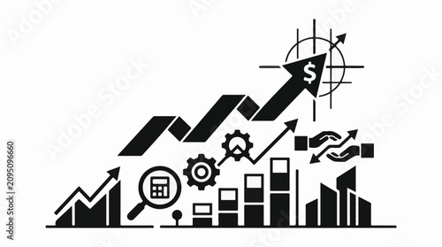 Financial growth diagram with currency gears and city skyline