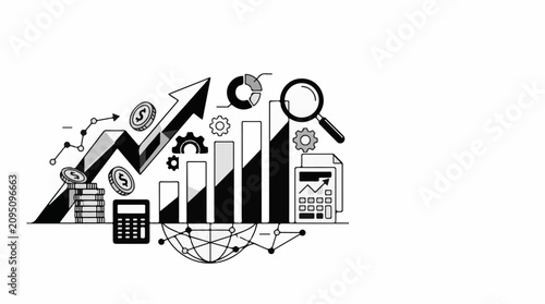 Financial growth chart with coins calculator magnifying glass gears and globe