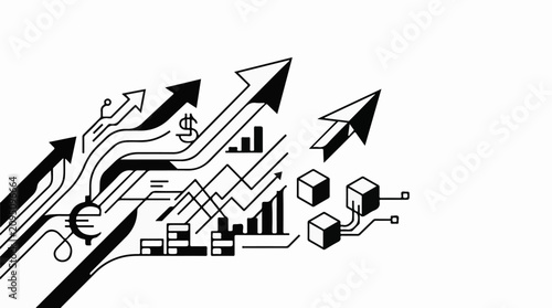 Upward arrows and charts symbolize financial growth and technological advancement