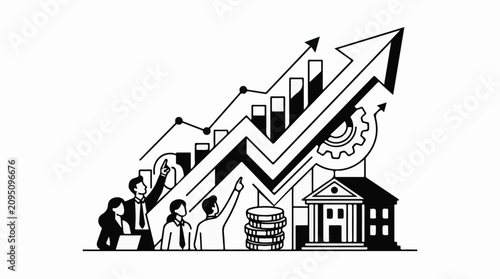Business growth illustrated with team charts coins and building