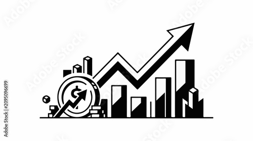 Upward trend graph with financial symbols and bar chart