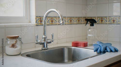 Photos A close-up view of a clean kitchen sink featuring a chrome faucet, cleaning spray, a sponge, a jar of powder, and blue rubber gloves on a white countertop