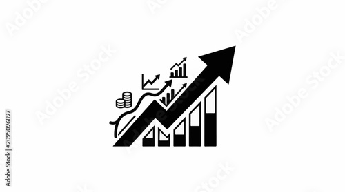 Upward trend graph with coins and bar chart symbolizing growth