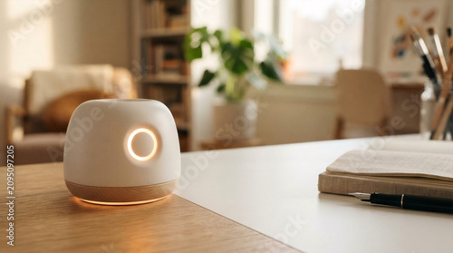 Smart home device with glowing ring on wooden desk next to open notebook and pen