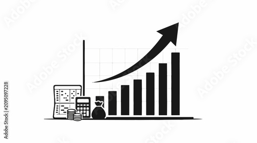 Growing bar chart with arrow calculator coins and money bag icon