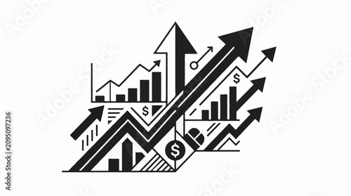 Abstract upward trending financial graphs with arrows and dollar signs