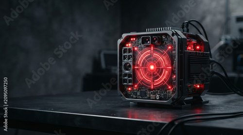 Futuristic surveillance device with red target reticle on dark desktop