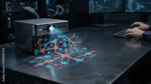 Projector displaying futuristic holographic network diagram on dark desk