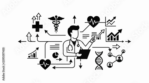 Doctor presenting medical data with icons for progress and science