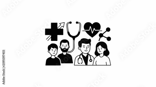 Doctor with stethoscope and patients health symbols