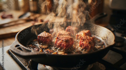 Vászonkép Succulent cubes of beef browning and searing in a hot cast iron skillet with rising steam, showcasing the cooking process in a rustic kitchen setting