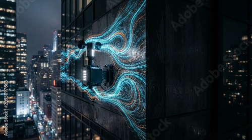 Futuristic sensor measuring atmospheric data against illuminated city skyline