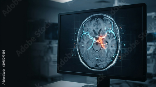 Medical monitor displaying brain MRI scan with highlighted blood vessels