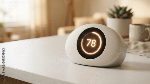 Smart home thermostat display showing temperature on modern table