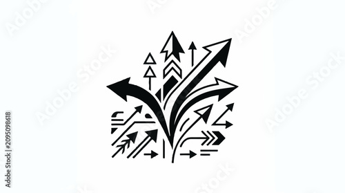 A dynamic illustration of multiple black arrows pointing in diverse directions