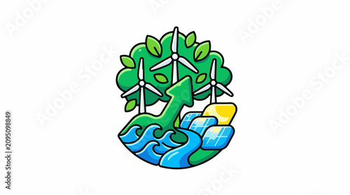 Renewable energy growth symbol with wind turbines and solar panels