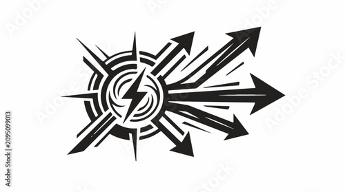 Abstract black symbol with central lightning bolt and outward arrows