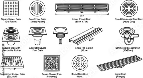 Black line floor drain vector set, bathroom and commercial drainage fixtures isolated on white background, plumbing and sanitary drainage illustration