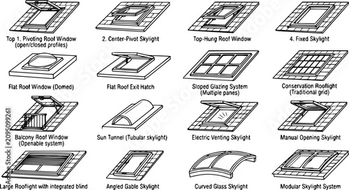 Black line skylight window vector collection, residential roof glazing designs isolated on white background, architectural roof window illustration