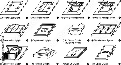 Black line skylight window vector collection, residential roof glazing designs isolated on white background, architectural roof window illustration