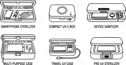 Black line UV sterilizer box vector set, electronic device sanitizing cases isolated on white background, ultraviolet disinfection equipment illustration