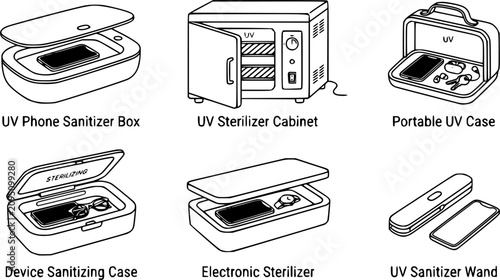 Black line UV sterilizer box vector set, electronic device sanitizing cases isolated on white background, ultraviolet disinfection equipment illustration