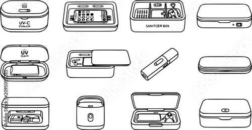 Black line UV sterilizer box vector set, electronic device sanitizing cases isolated on white background, ultraviolet disinfection equipment illustration