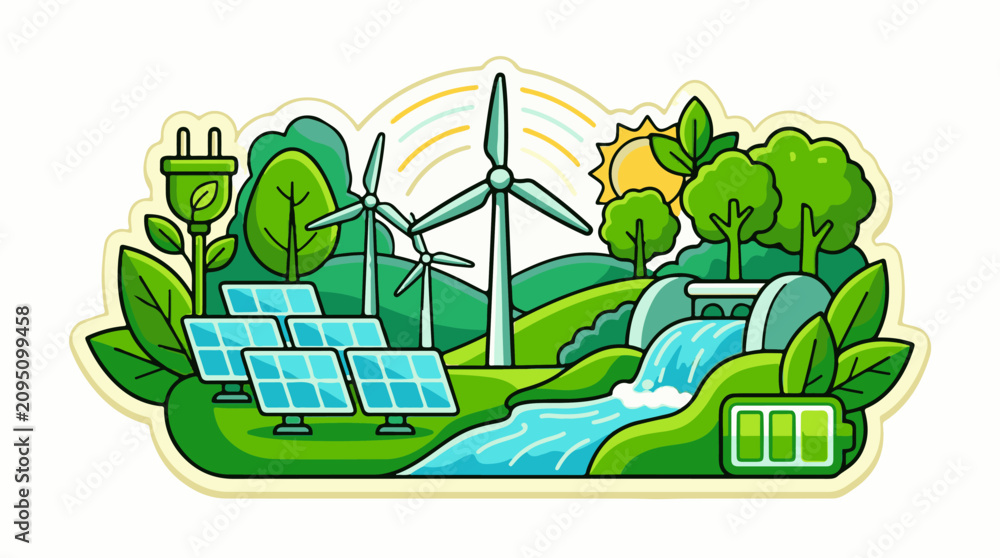 Obraz premium Eco-friendly landscape with solar panels wind turbines and waterfall